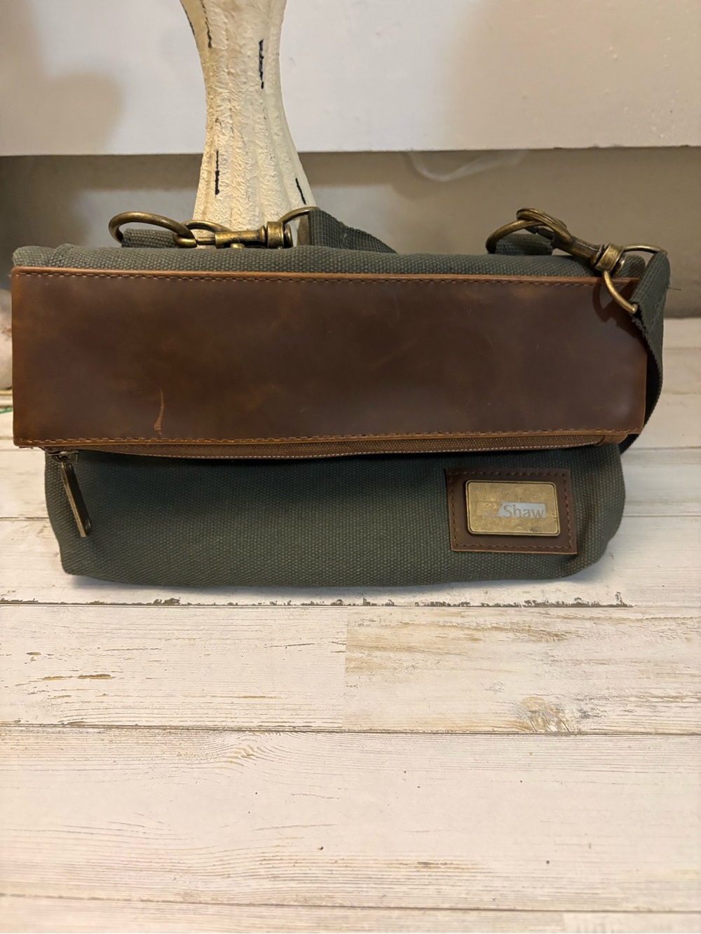 Origaudio Olive Green Canvas and Brown Leather Crossbody Bag